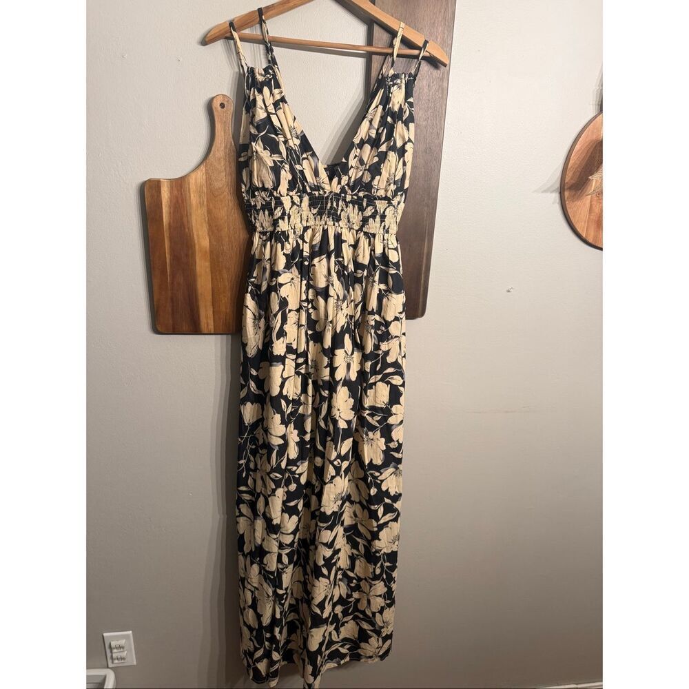 Vici Black Yellow Floral Deep V-Neck Sleeveless 100% Cotton Smocked Dress Medium